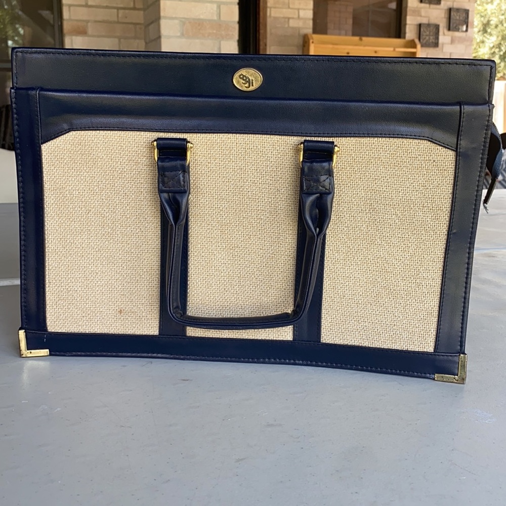 Blue and linen work bag.  Gold accents.